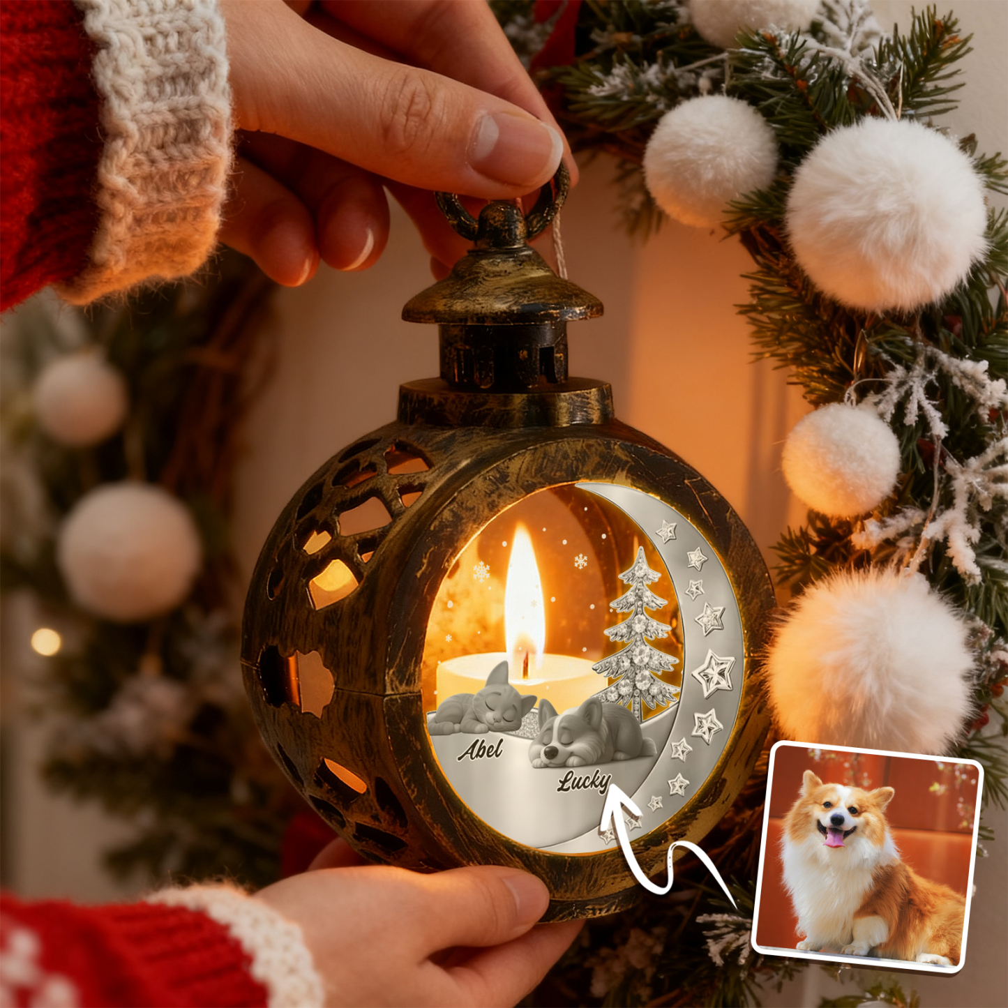 Custom 3D Effect Christmas Lantern Beside You -Personalized Christmas Gifts for Pet Lovers - SantaSocks