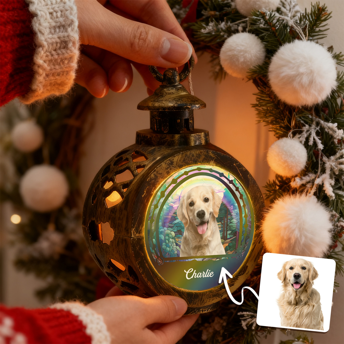 Custom 3D Effect Christmas Lantern Beside You -Personalized Christmas Gifts for Pet Lovers - SantaSocks