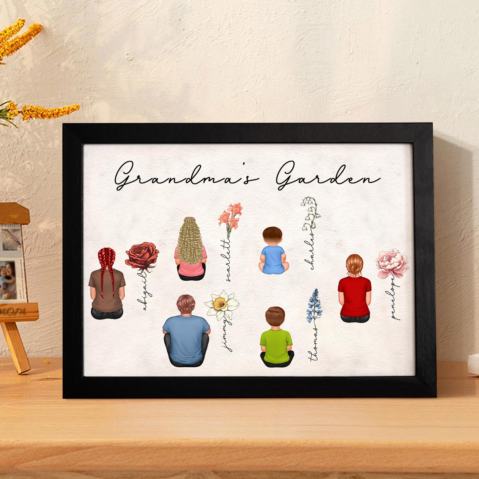 Custom Birth Month Flowers Garden With Grandkids Names Personalized Wooden Photo Frame Mother's Day Gift