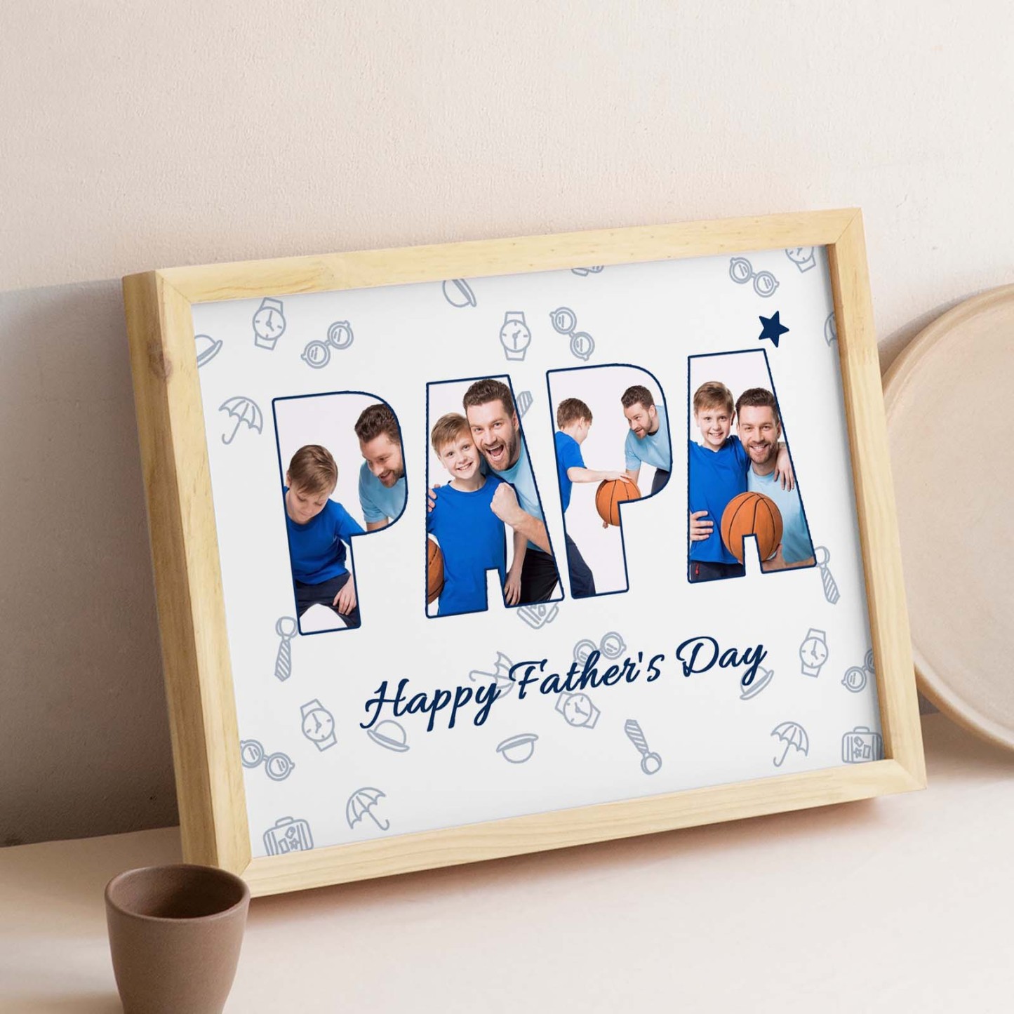 Custom Photo Papa Wooden Frame Personalized Text Gift for Father - SantaSocks