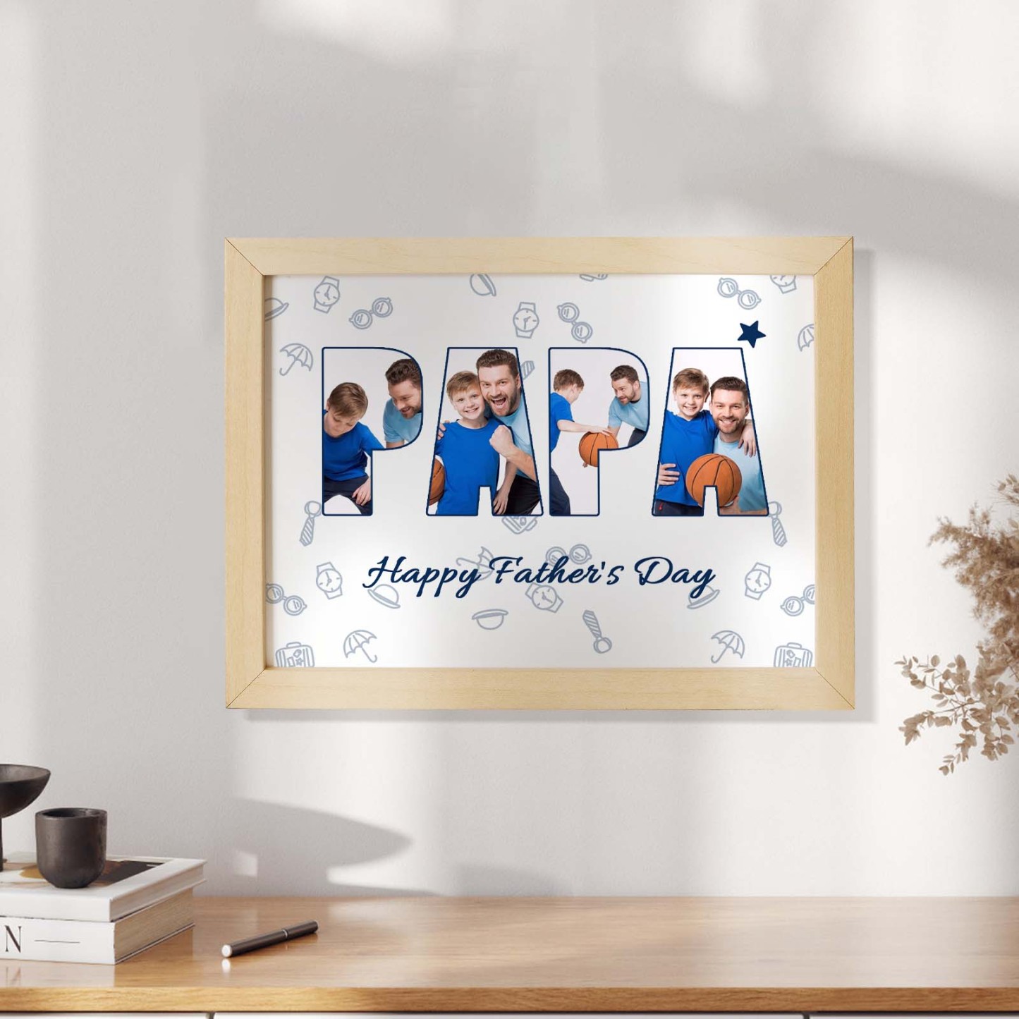 Custom Photo Papa Wooden Frame Personalized Text Gift for Father - SantaSocks