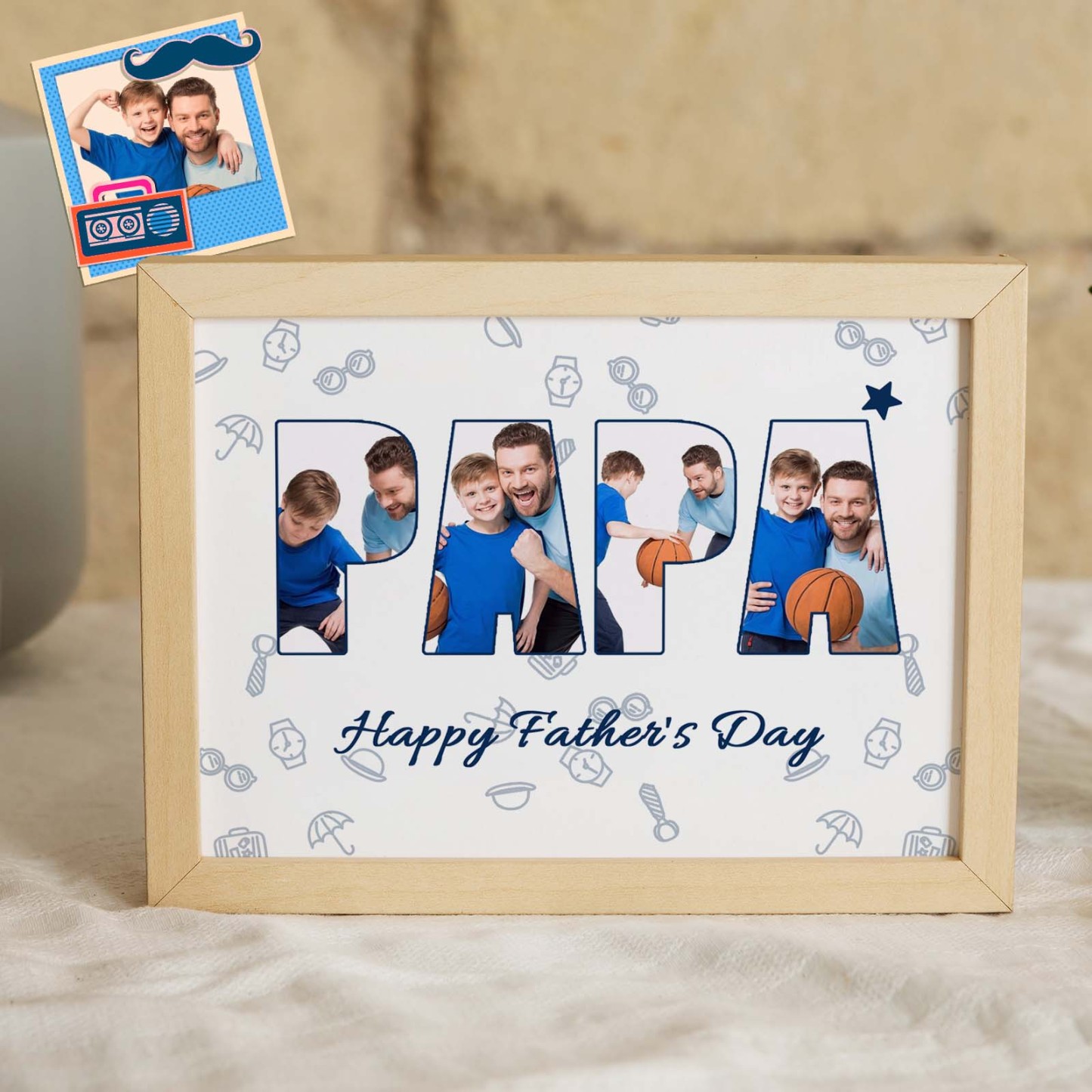 Custom Photo Papa Wooden Frame Personalized Text Gift for Father - SantaSocks