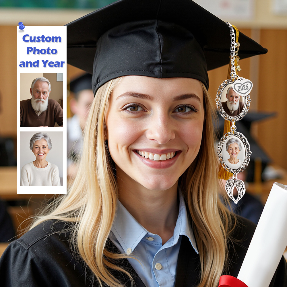 Custom Graduation Tassel Photo Charm with Angel Wings, Memorial Graduation Gift For Her, Graduation 2024