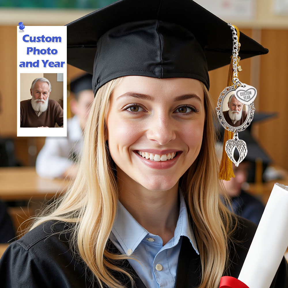 Custom Graduation Tassel Photo Charm with Angel Wings, Memorial Graduation Gift For Her, Graduation 2024