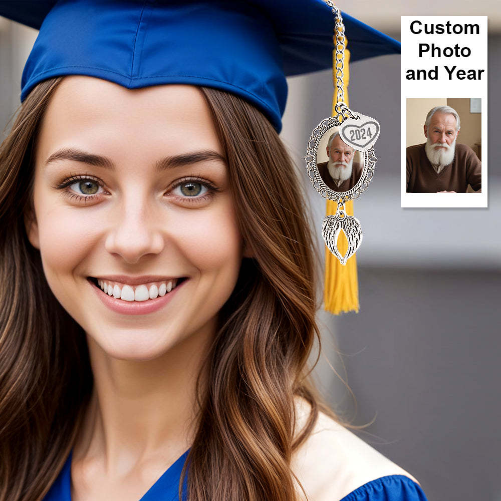 Custom Graduation Tassel Photo Charm with Angel Wings, Memorial Graduation Gift For Her, Graduation 2024