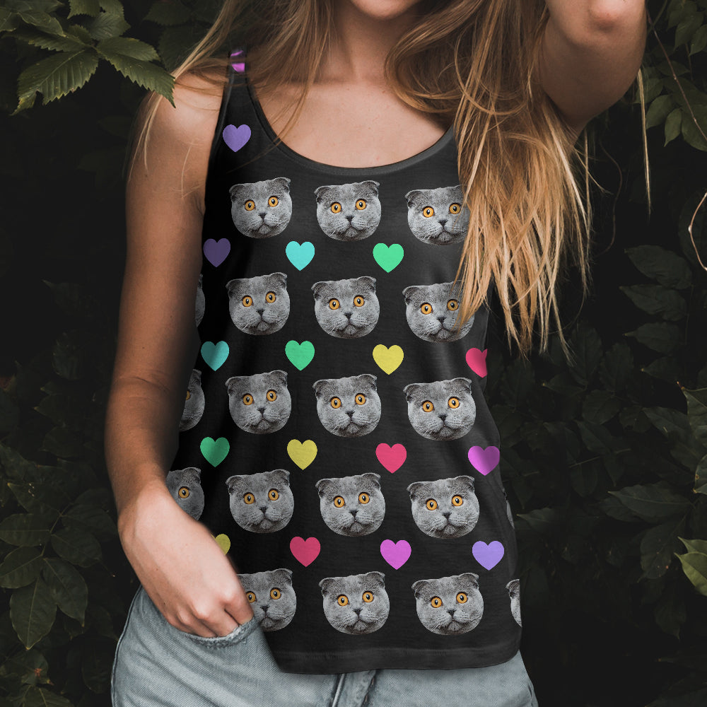 Custom Face Photo Tank Top Colorful Heart Cat