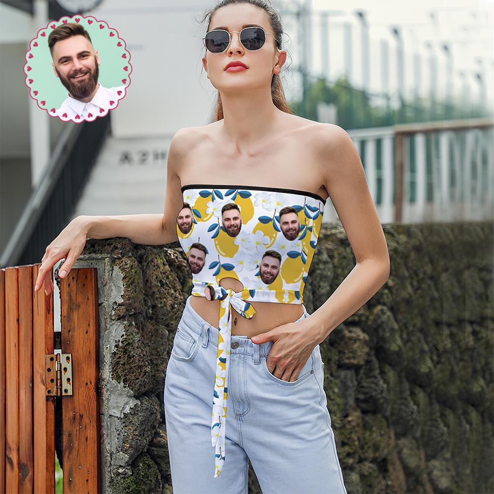 Custom Face on Women's Strapless Bow Tube Top Personalized Breast Wrap Bikini Tops with Photo Family Photo Go to Beach Perfect Gift for Wife - Lemon
