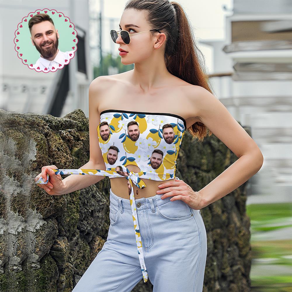 Custom Face on Women's Strapless Bow Tube Top Personalized Breast Wrap Bikini Tops with Photo Family Photo Go to Beach Perfect Gift for Wife - Lemon