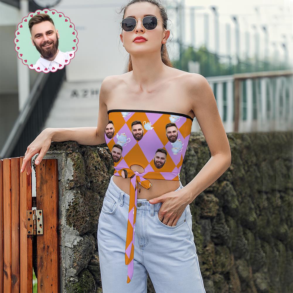 Custom Face on Women's Strapless Bow Tube Top Personalized Breast Wrap Gift for Wife - Colorful Grid