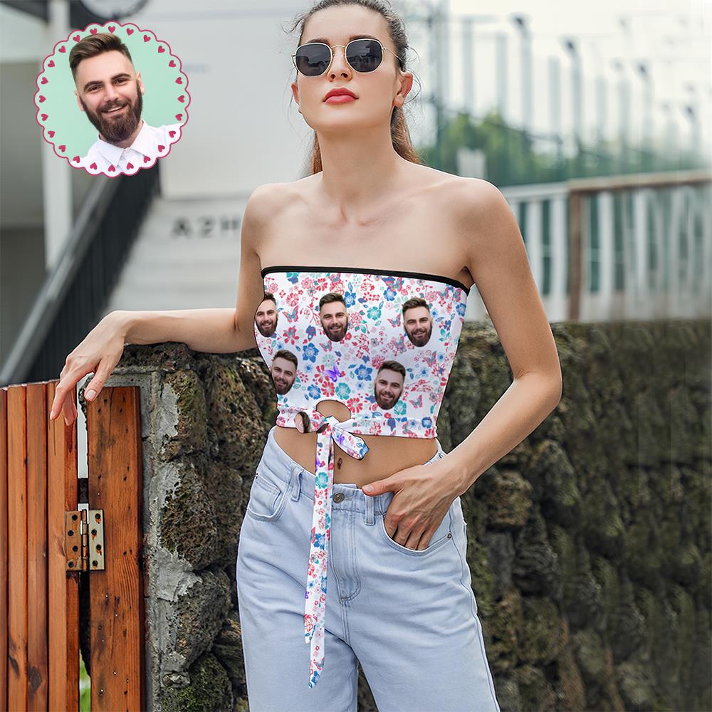 Custom Face on Women's Strapless Bow Tube Top Personalized Breast Wrap Gift for Wife - Butterflies and Flowers