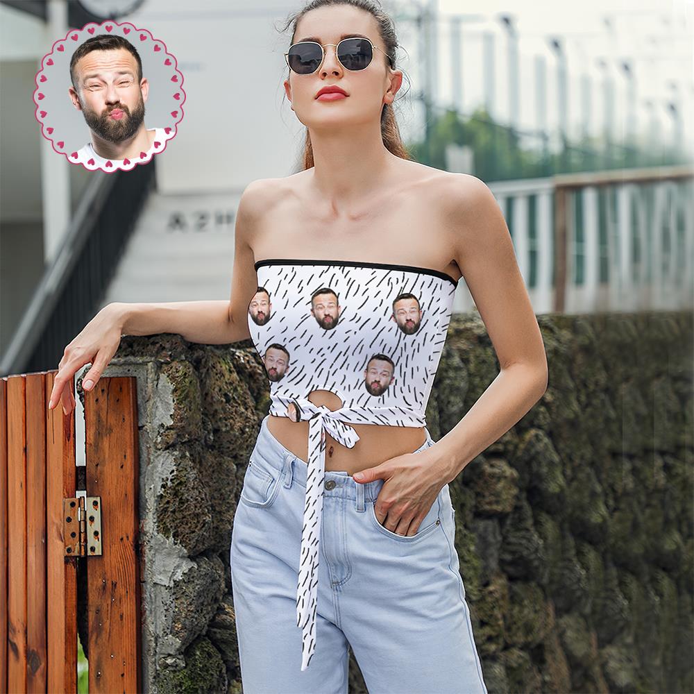 Custom Face on Women's Strapless Bow Tube Top Personalized Breast Wrap Bikini Tops with Photo Family Photo Go to Beach Perfect Gift for Wife - Black and White Stripes