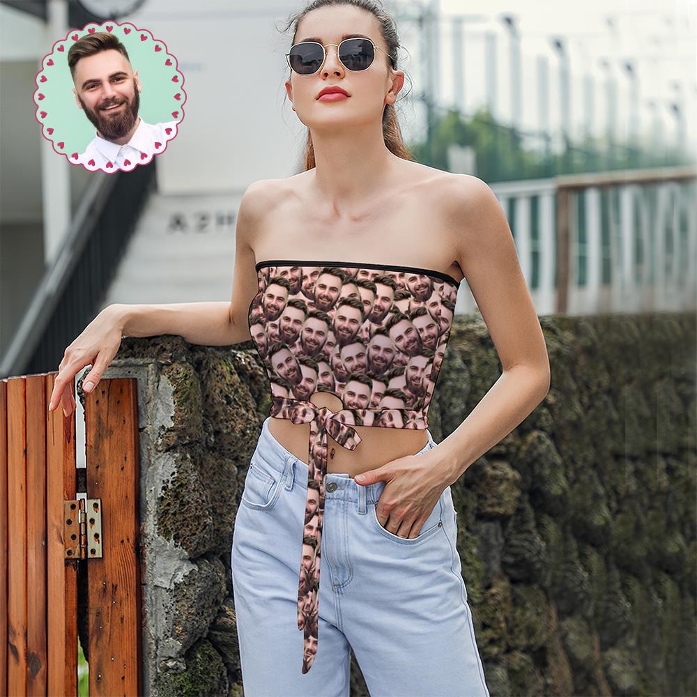 Custom Face on Women's Strapless Bow Tube Top Personalized Breast Wrap Bikini Tops Faces Mash Tank Top with Photo Family Photo Go to Beach Perfect Gift for Wife