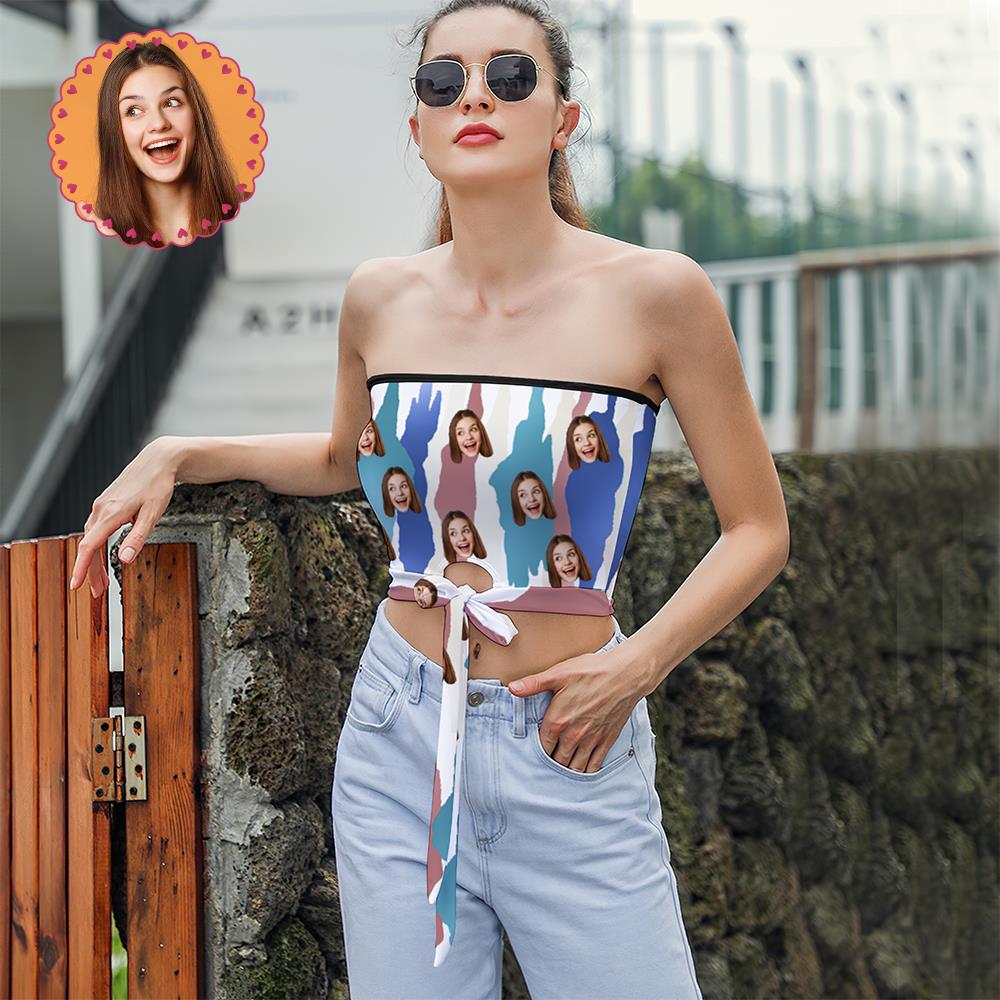 Custom Face on Women's Strapless Bow Tube Top Personalized Breast Wrap Gift for Wife - Blue Leopard Pattern