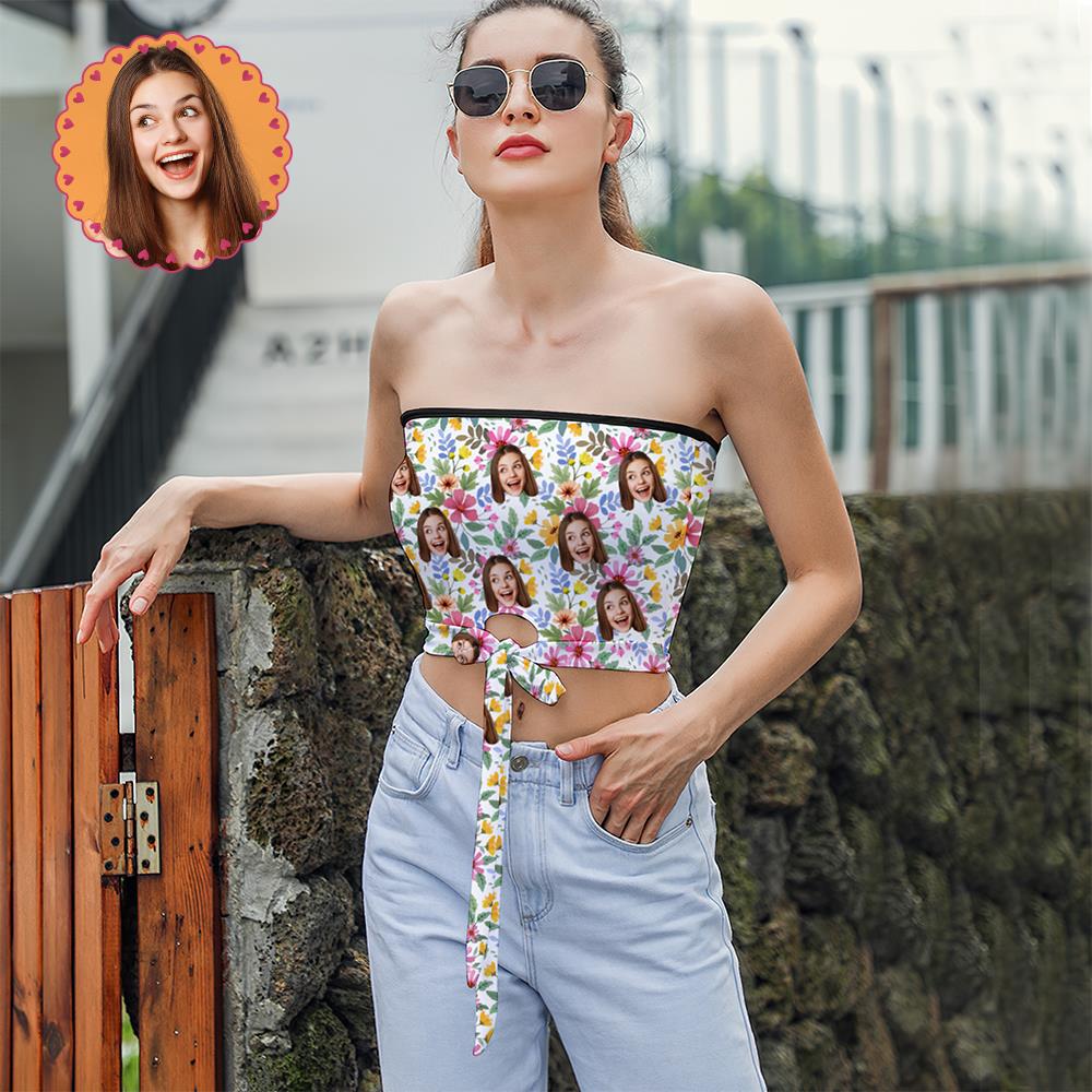 Custom Face on Women's Strapless Bow Tube Top Personalized Breast Wrap Gift for Wife - Colorful Flowers