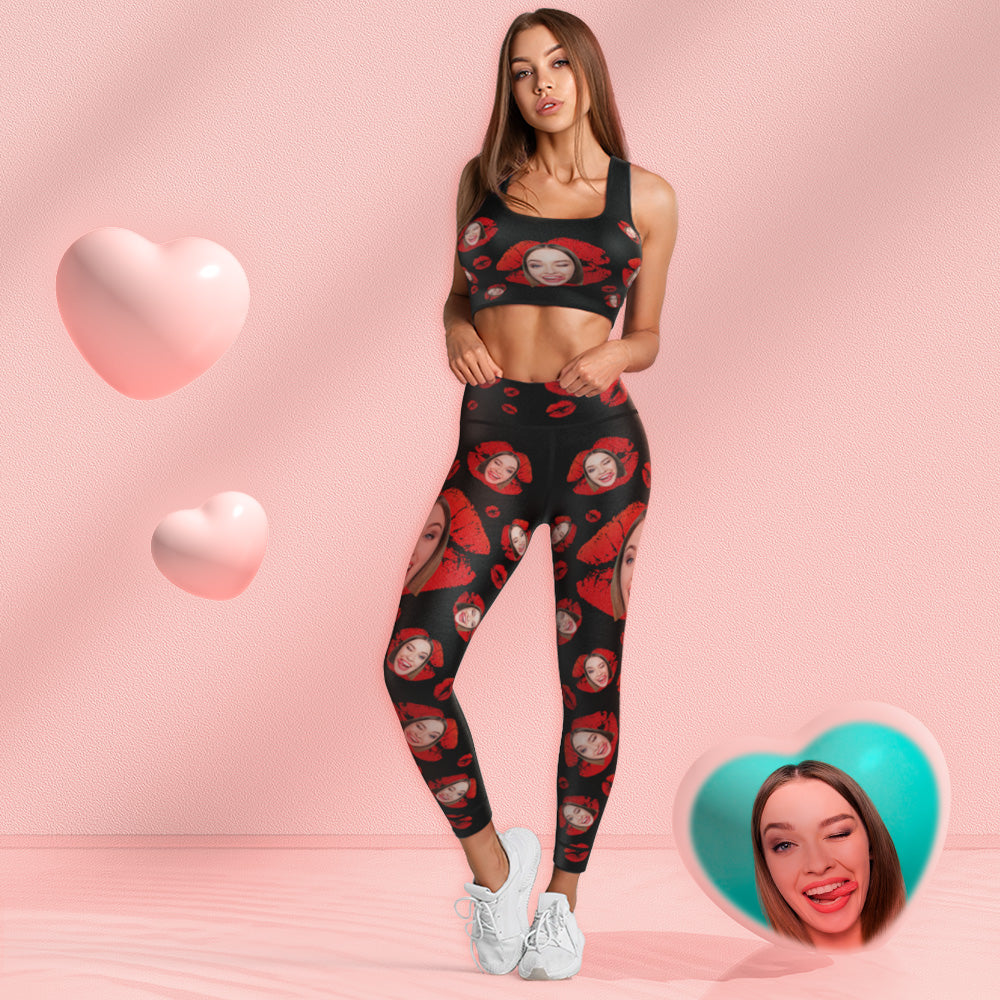 Custom Face Leggings and Tank Top Yoga Clothing Suit Gift for Her - Red Lips