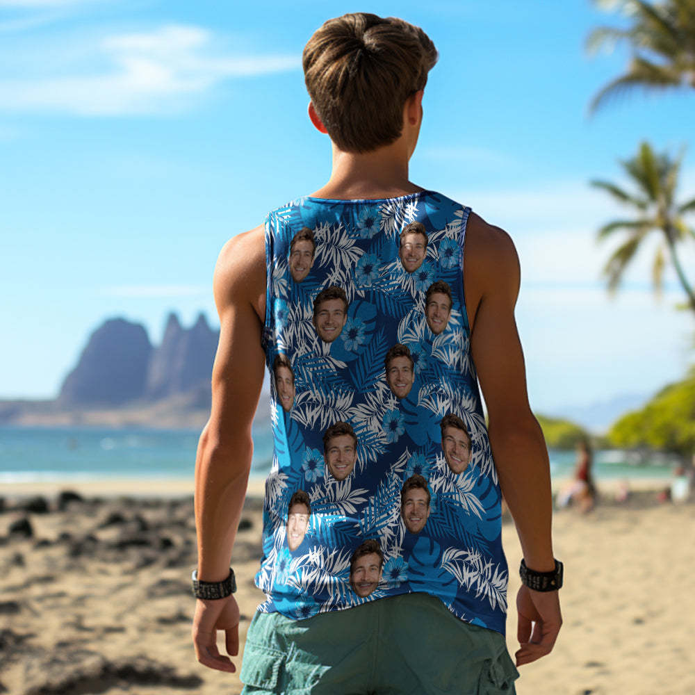Custom Thick Face Tank Tops Men's Sleeveless Shirt All Over Print Blue - SantaSocks