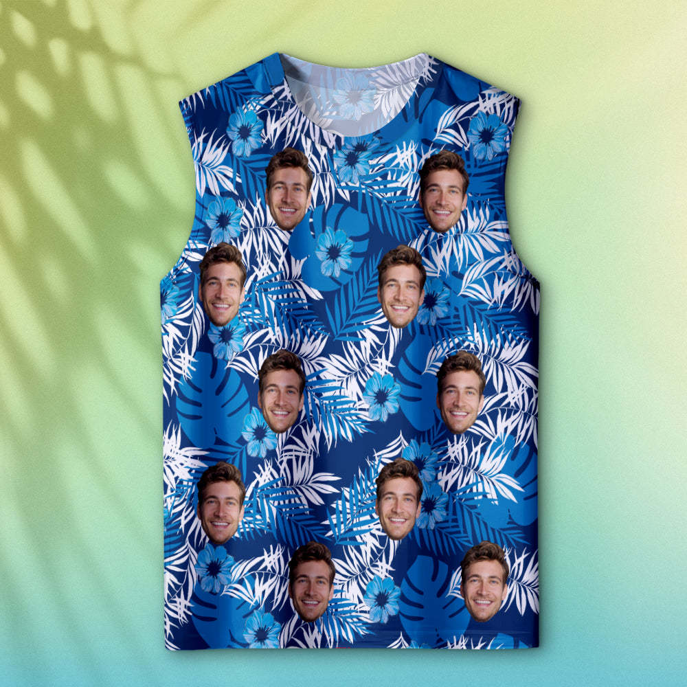 Custom Thick Face Tank Tops Men's Sleeveless Shirt All Over Print Blue - SantaSocks