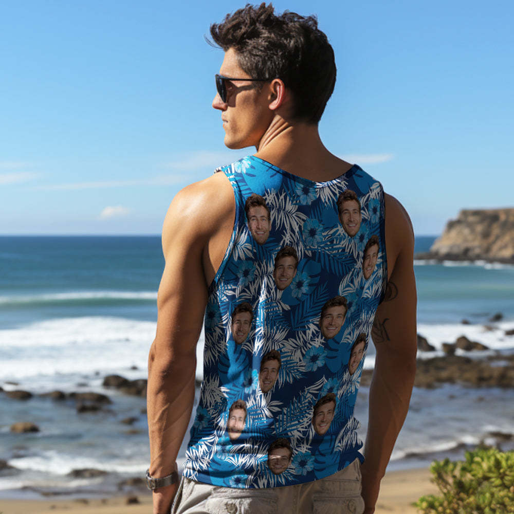 Custom Thick Face Tank Tops Men's Sleeveless Shirt All Over Print Blue - SantaSocks
