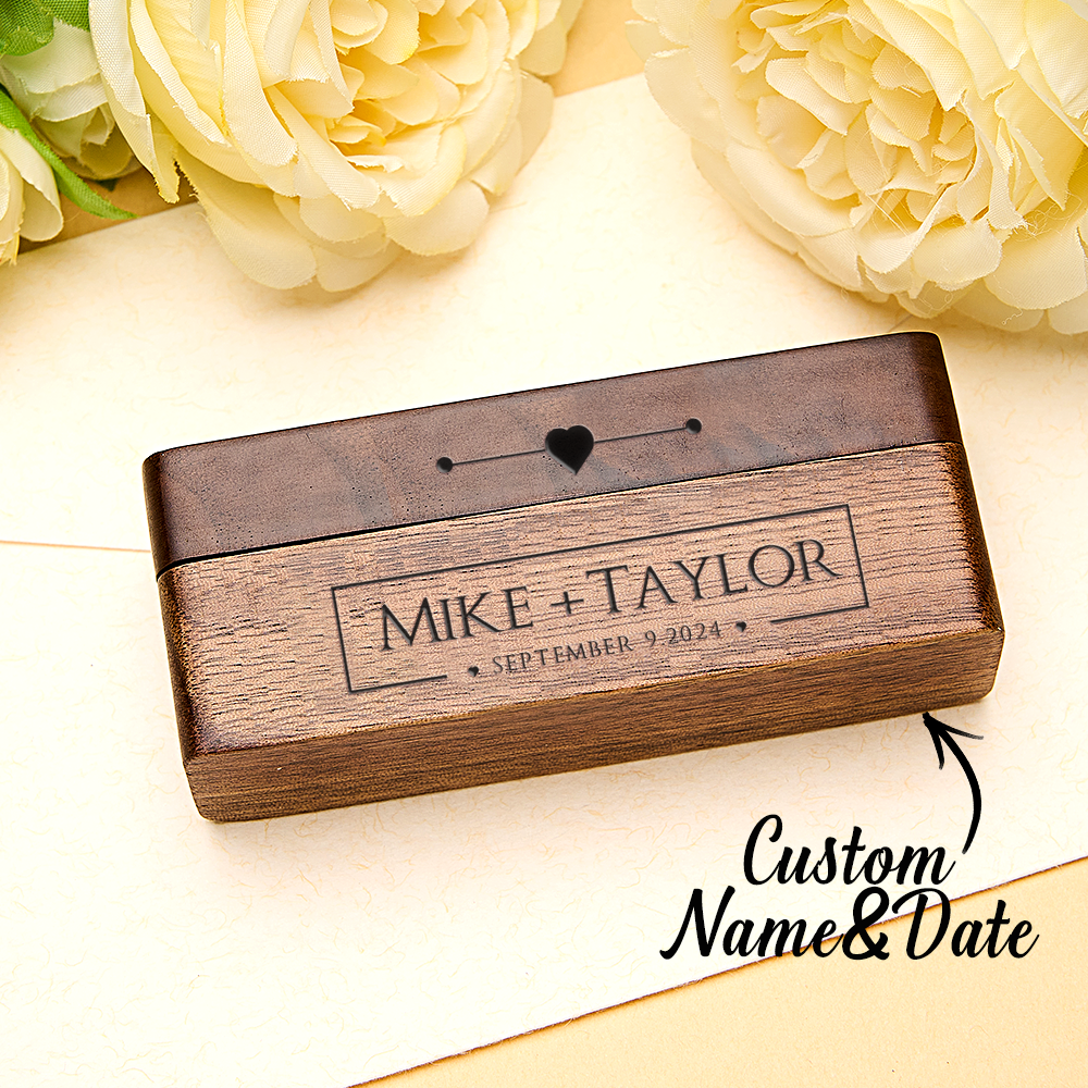 Personalized Engraved Wood Rings Bearer Box with Name and Date Wedding Proposal Gift for Couple - SantaSocks