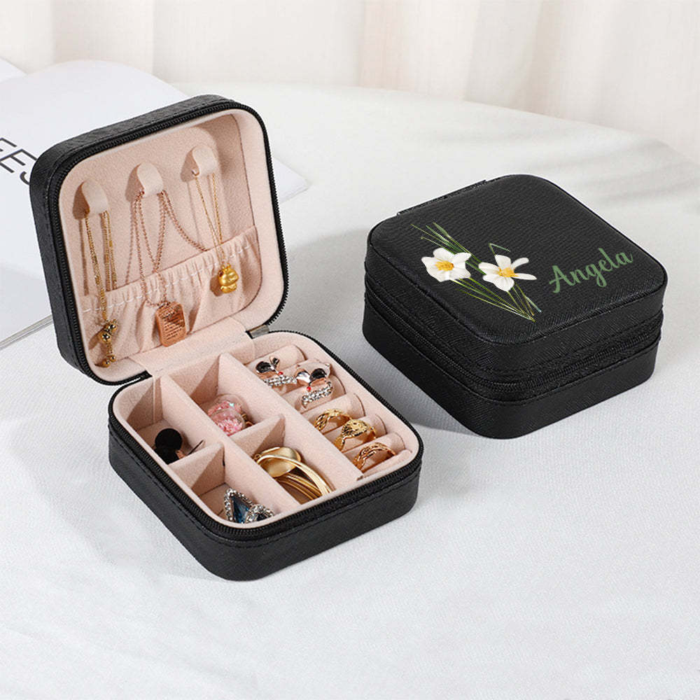 Personalized Name PU Leather Jewelry Box Birthflower Jewelry Organizer Gifts for Her - SantaSocks