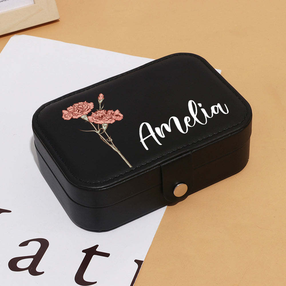 Personalized Birth Flower Leather Travel Jewelry Box with Name Waterproof Multiple Compartments Birthday Bridesmaid Gift for Women Girls - SantaSocks