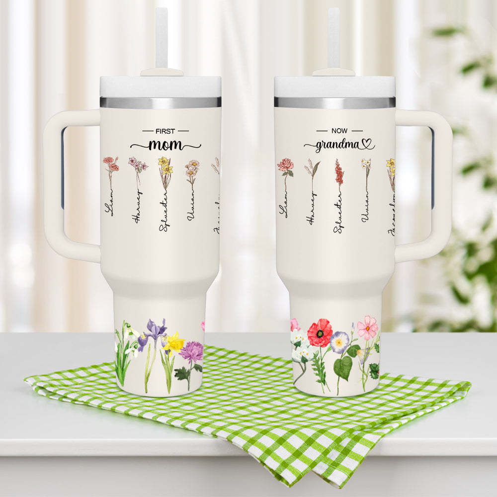 Personalized First Mom Now Grandma 40oz Tumbler with Straw Birthday Gift for Grandma - SantaSocks