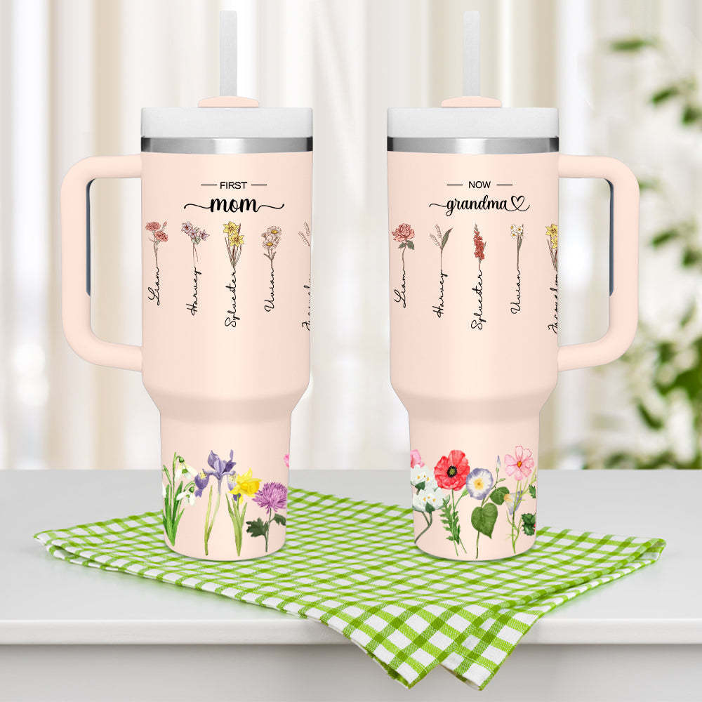 Personalized First Mom Now Grandma 40oz Tumbler with Straw Birthday Gift for Grandma - SantaSocks