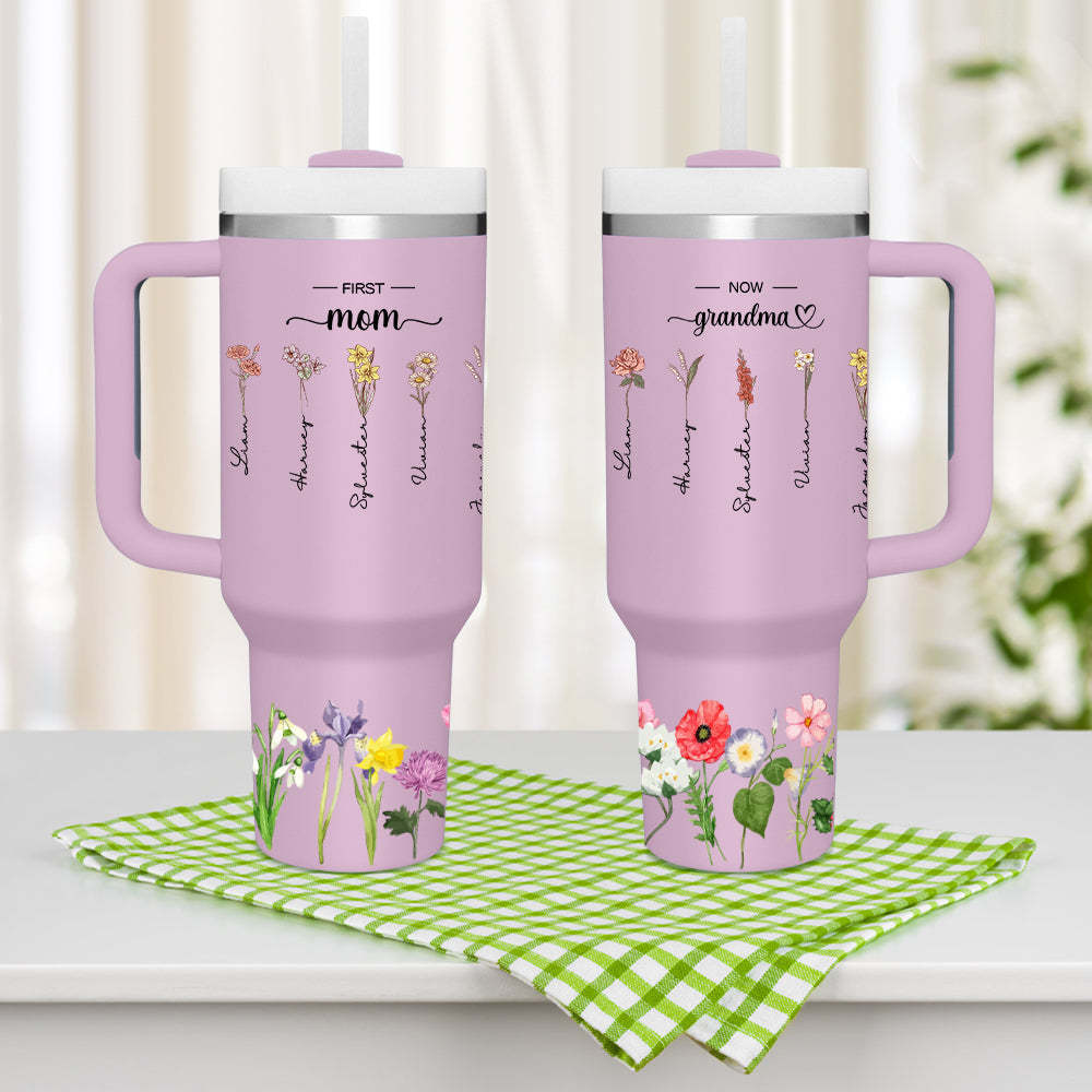 Personalized First Mom Now Grandma 40oz Tumbler with Straw Birthday Gift for Grandma - SantaSocks