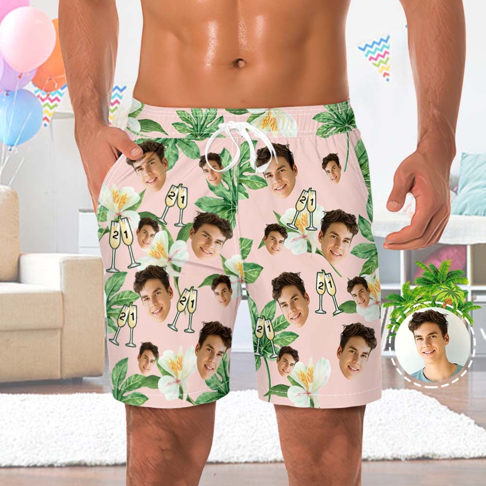 Custom Face Beach Shorts Number in Wine Glass Pink And Green Sleeves Face Beach Trunks Gift for Him - SantaSocks