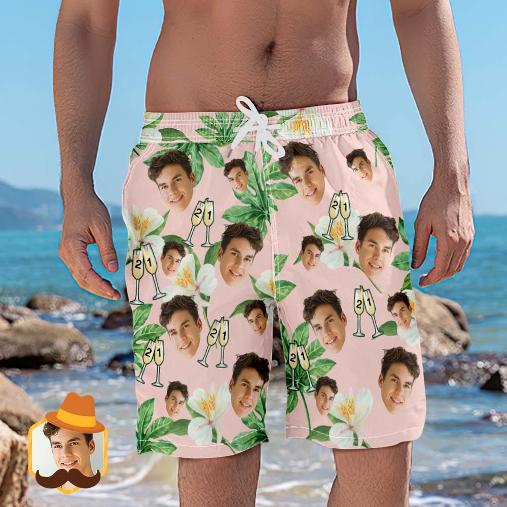 Custom Face Beach Shorts Number in Wine Glass Pink And Green Sleeves Face Beach Trunks Gift for Him - SantaSocks