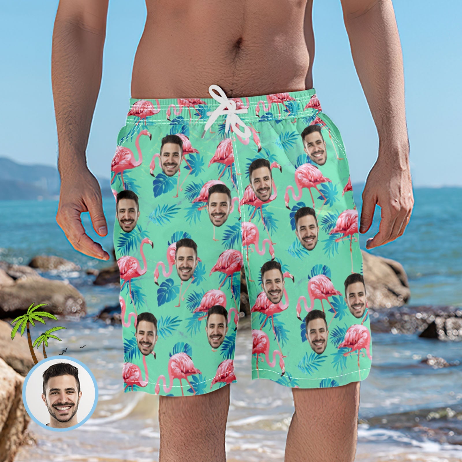 Custom Face Beach Shorts Flamingo Tropical Short For Men All Over Printed Green And Palm Leaves