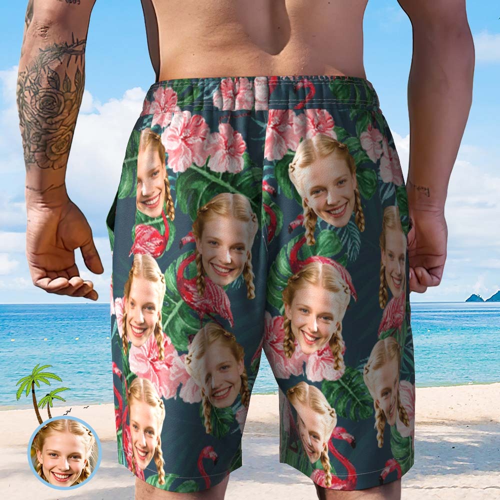 Custom Face Beach Short Personalized Photo Swim Trunks Random Tropical Print Shorts for Boyfriend Dad - SantaSocks