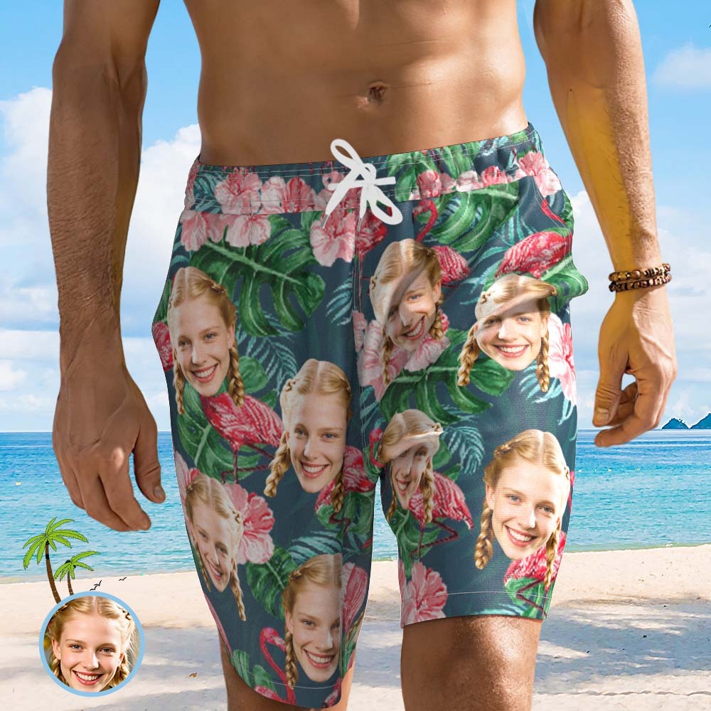 Custom Face Beach Short Personalized Photo Swim Trunks Random Tropical Print Shorts for Boyfriend Dad - SantaSocks