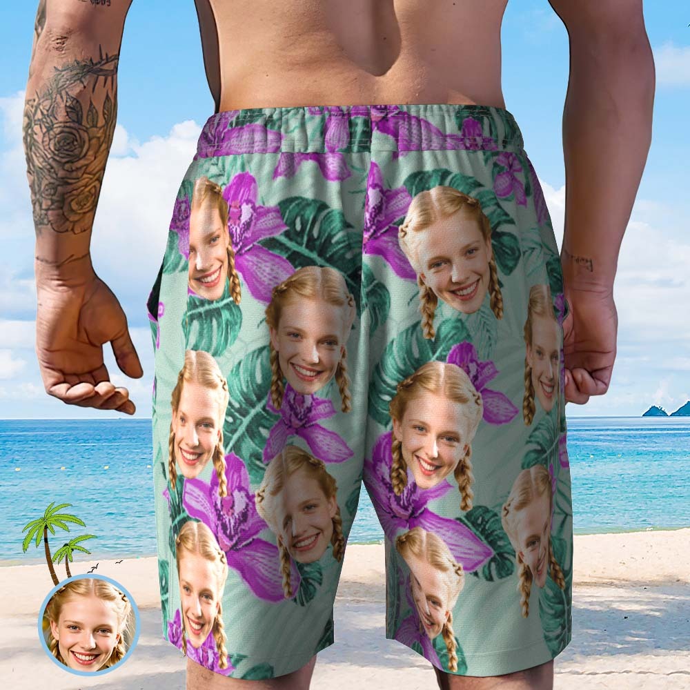 Personalized Face Beach Short Custom Photo Swim Trunks Random Tropical Print Shorts for Dad - SantaSocks