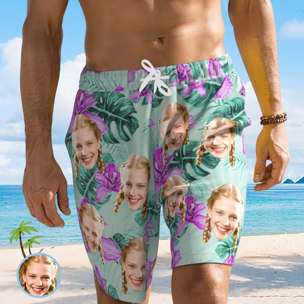 Personalized Face Beach Short Custom Photo Swim Trunks Random Tropical Print Shorts for Dad - SantaSocks