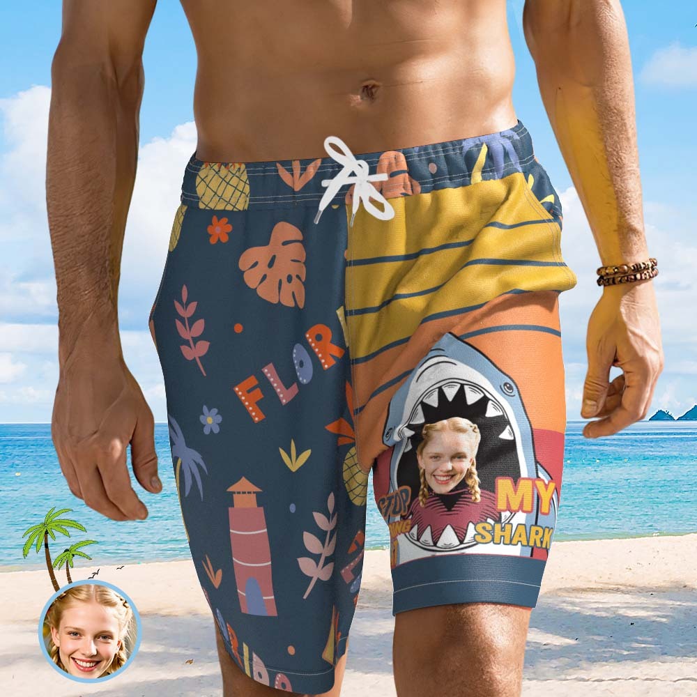 Personalized Face Beach Short Custom Photo Swim Trunks Shark Tropical Print Shorts - SantaSocks