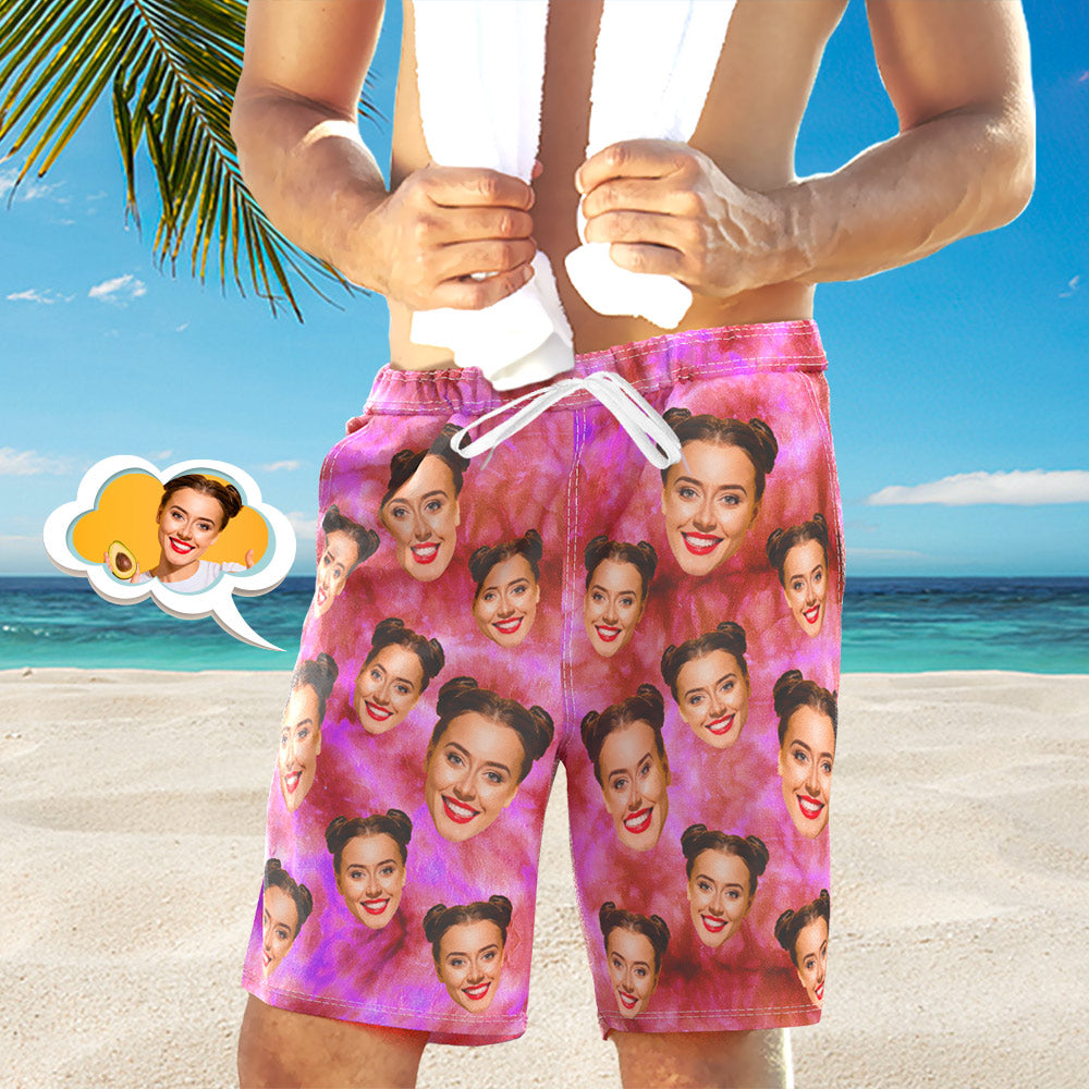 Custom Face Photo Men's Swim Trunk Water Shorts Summer Tie Dye Pink