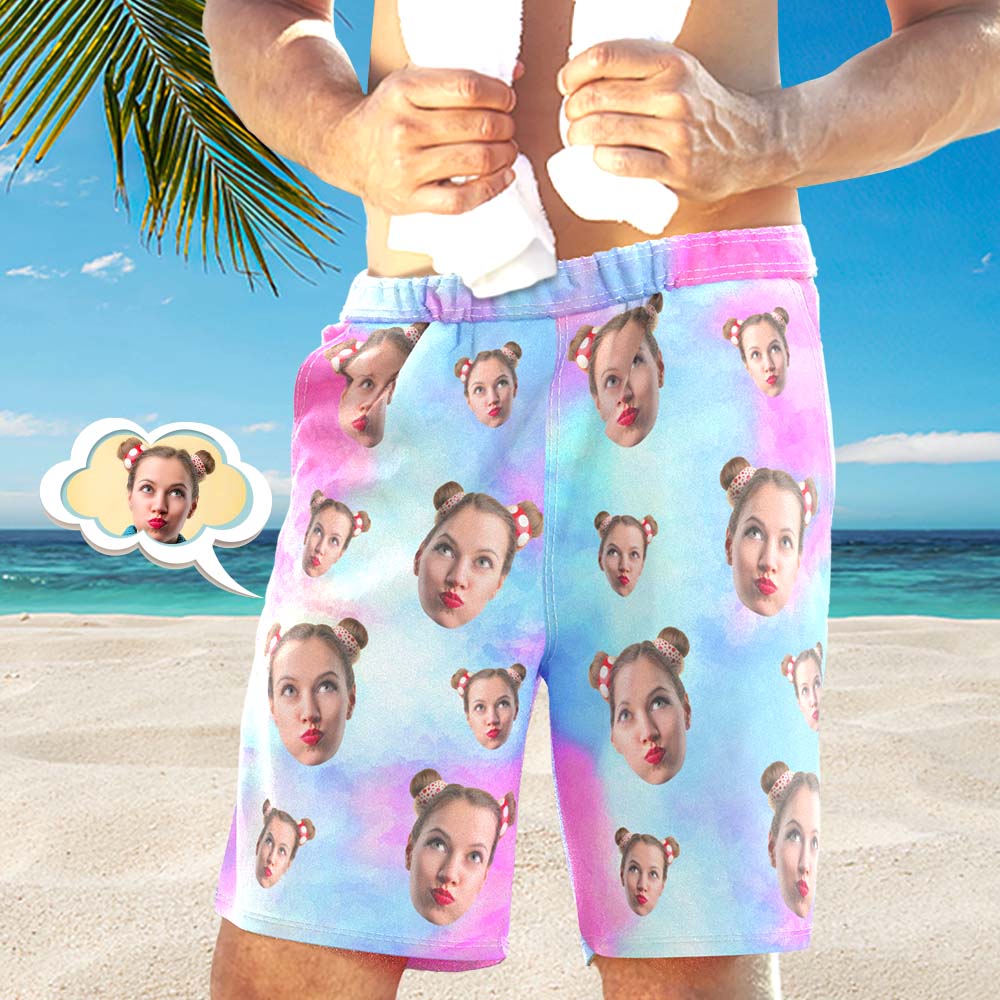 Custom Face Photo Men's Swim Trunk Water Shorts Summer Tie Dye Light Pink