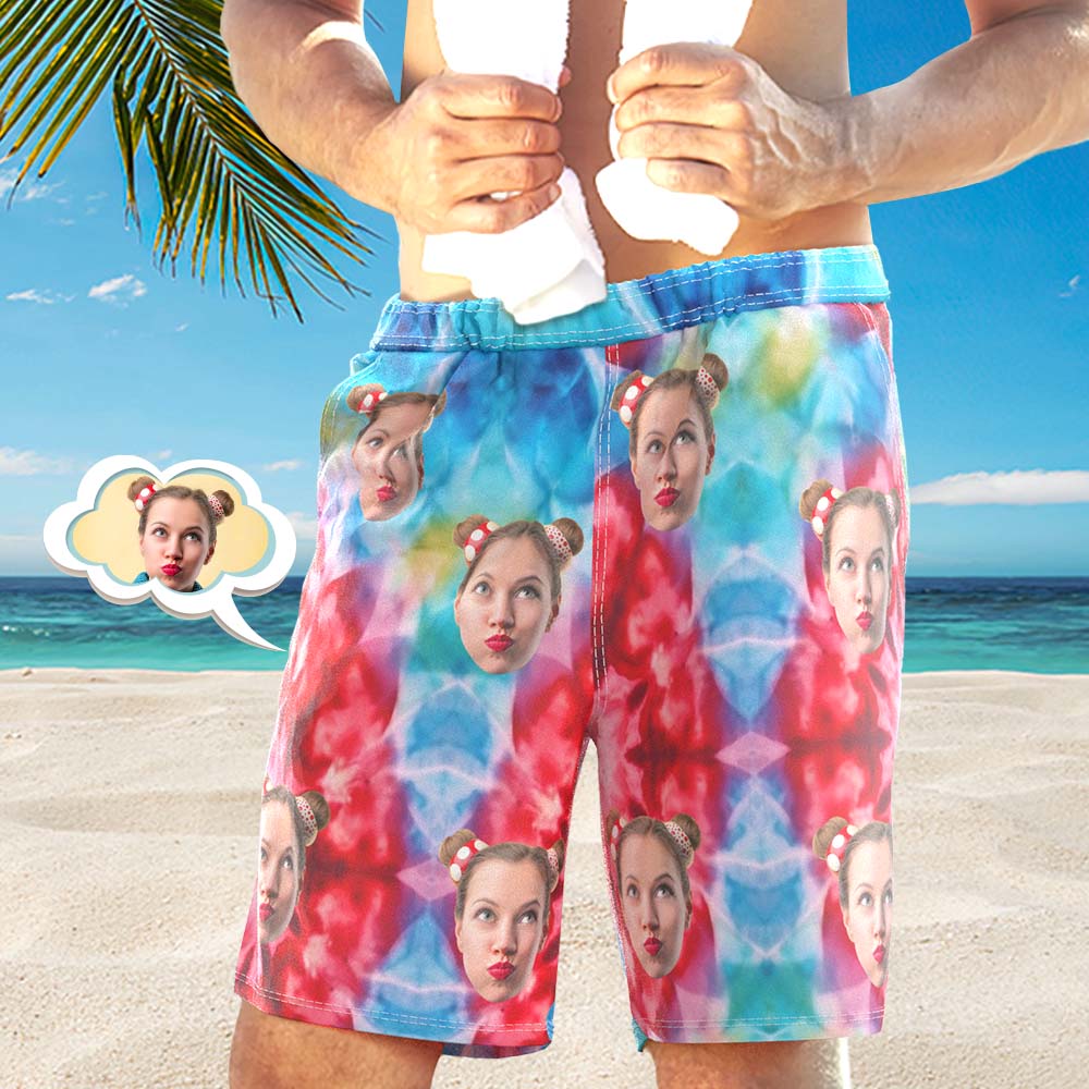 Custom Face Photo Men's Swim Trunk Water Shorts Summer Tie Dye Red