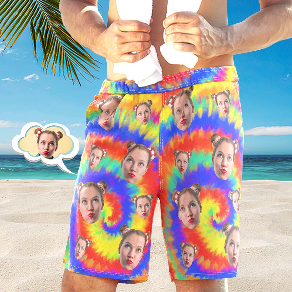 Custom Face Photo Men's Swim Trunk Water Shorts Summer Tie Dye Style