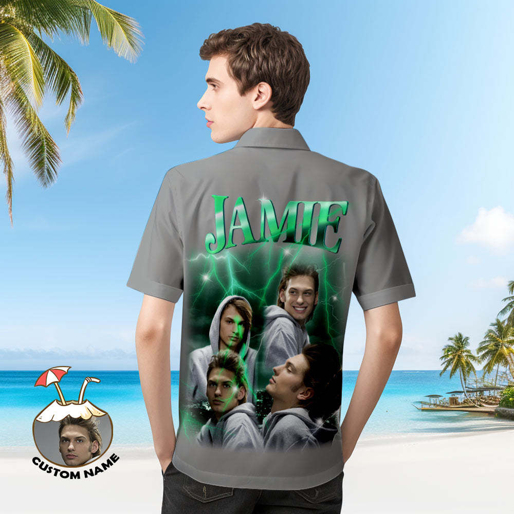 Custom Photo and Text Hawaiian Shirts Personalized Photo Gift Men's Vintage Personality Lightning Shirts Valentines Day Gift