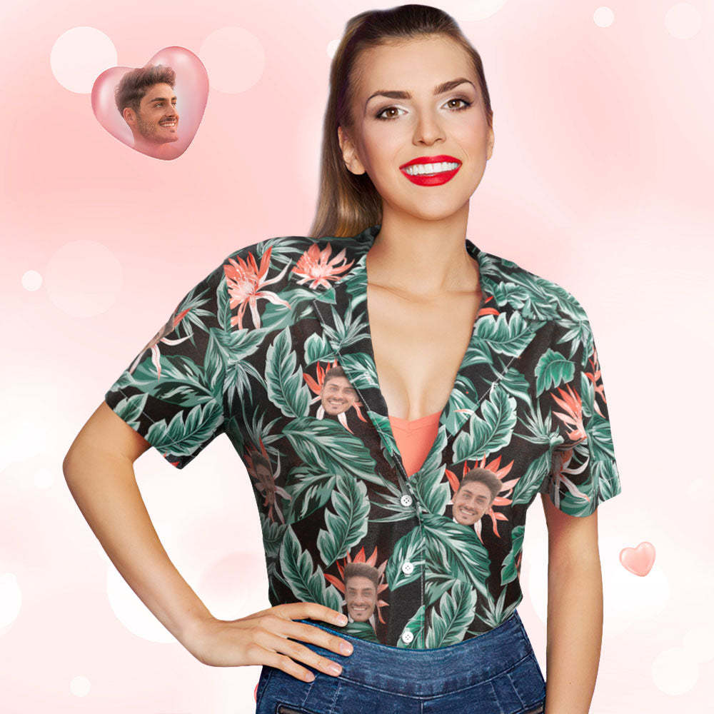 Custom Face Polo Shirts Personalized Women Photo Shirt Green Leaves Gift For Her - SantaSocks