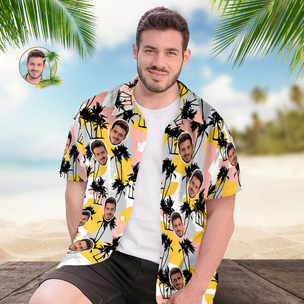 Custom Face Hawaiian Shirt for Men Personalized Short Sleeves Shirt with Photo Random Palm Tree Print Shirt - SantaSocks