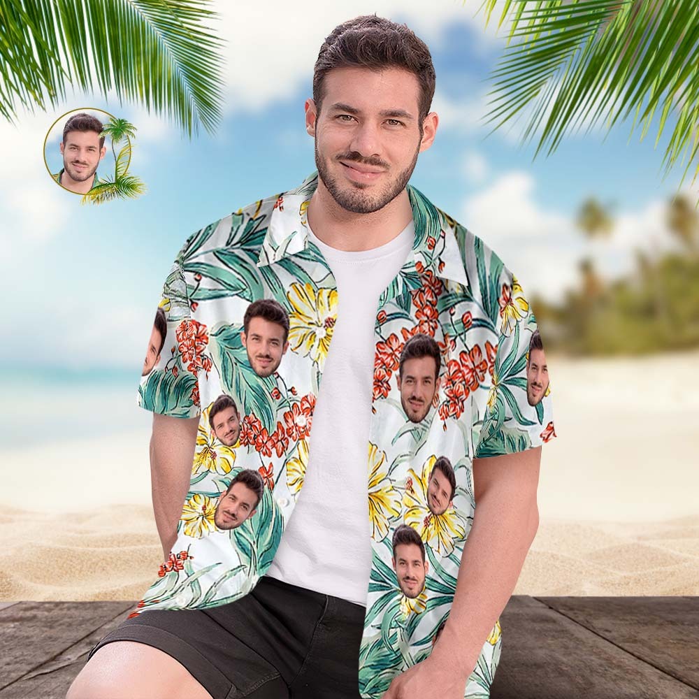 Custom Face Hawaiian Shirts Personalized Photos Hawaiian Art Flowers Men's Shirt Gift - SantaSocks