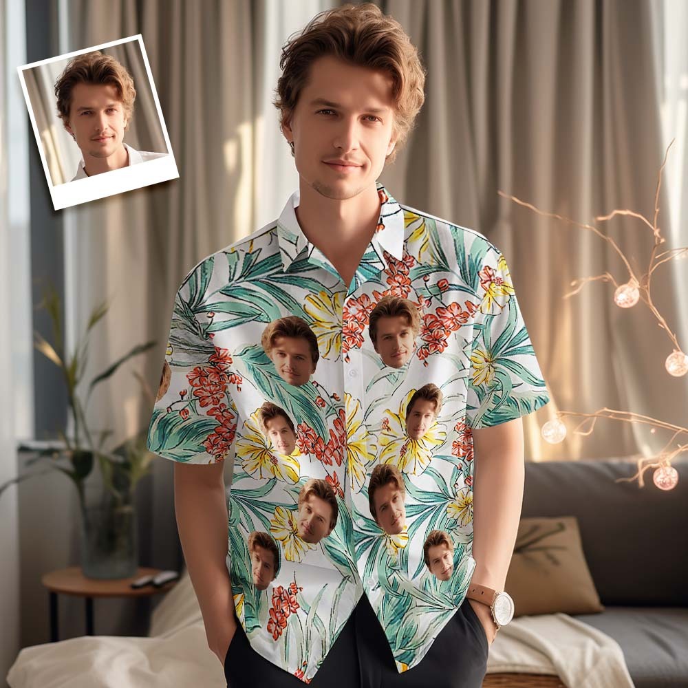 Custom Face Hawaiian Shirts Personalized Photos Hawaiian Art Flowers Men's Shirt Gift - SantaSocks