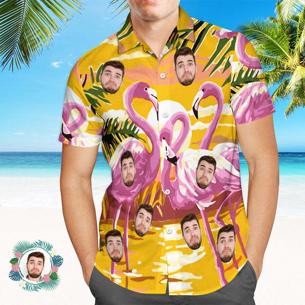 Custom Men Face Hawaiian Shirt Flamingo and Twilight Face Hawaiian Shirt