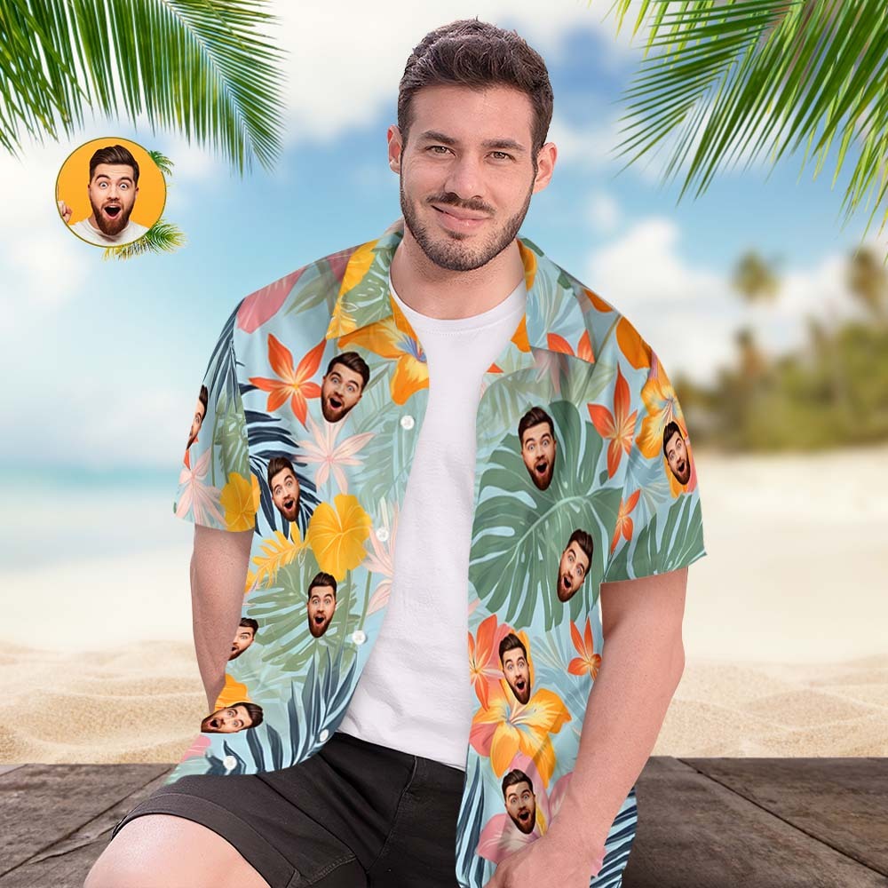 Custom Face Hawaiian Shirts Colorful Flowers And Leaves Face Hawaiian Shirt