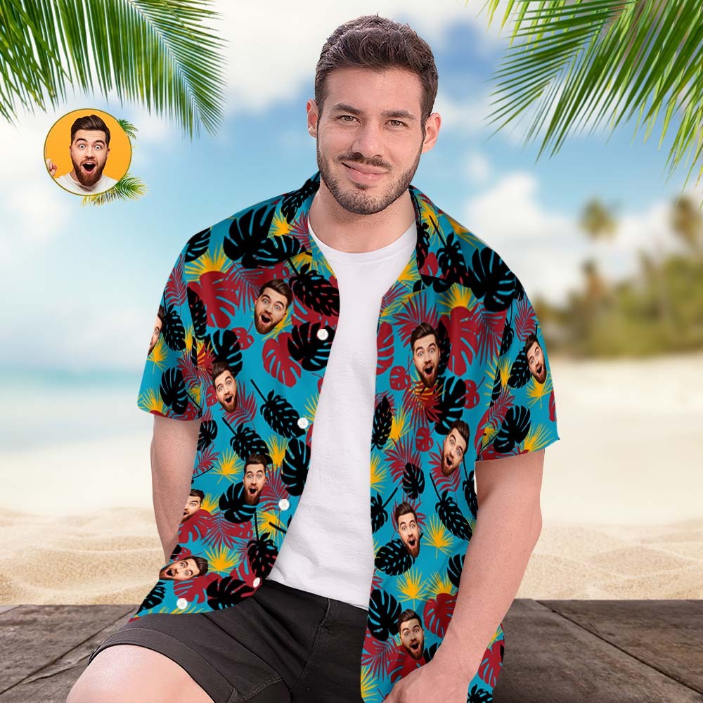 Custom Face Hawaiian Shirts Black And Red Leaves Beach Hawaiian Shirt