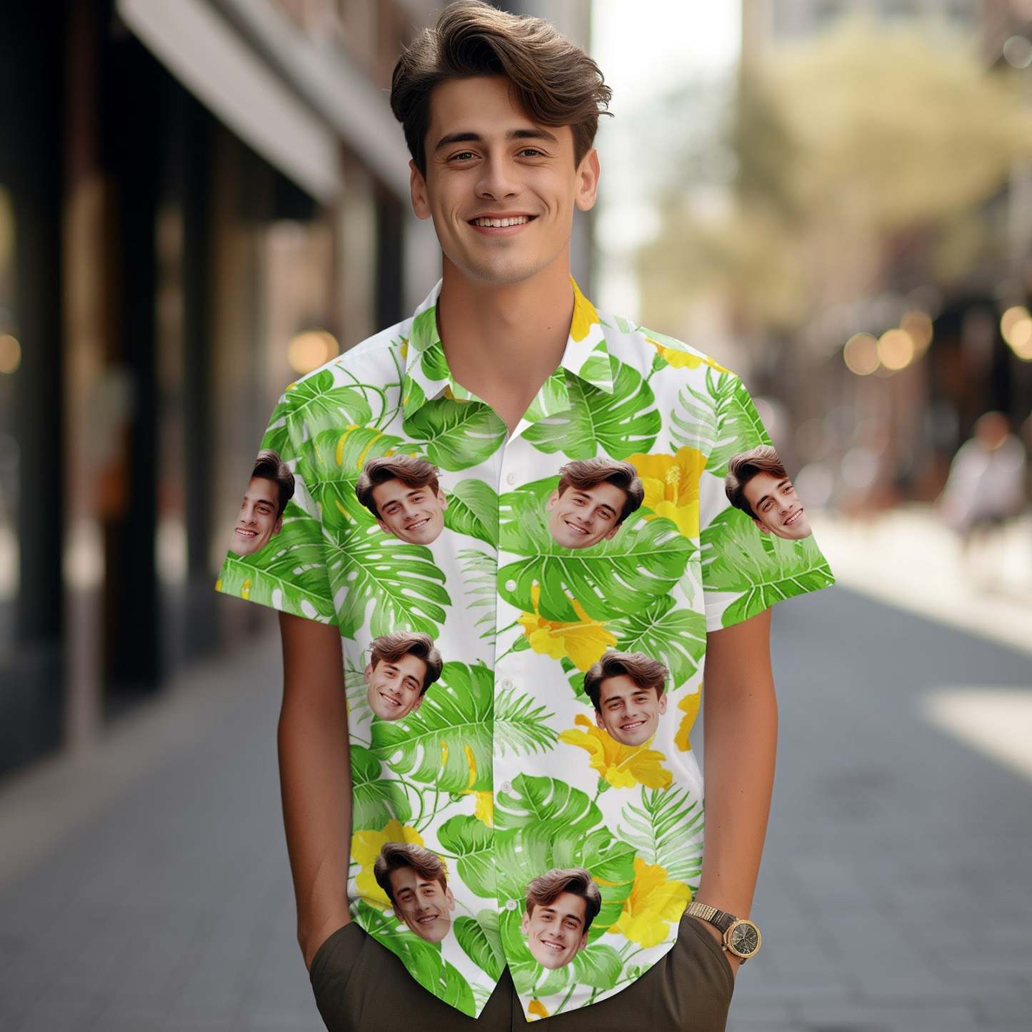 Custom Face Hawaiian Shirts Tropical Sleeves and Flowers Face Green Hawaiian Shirt - SantaSocks