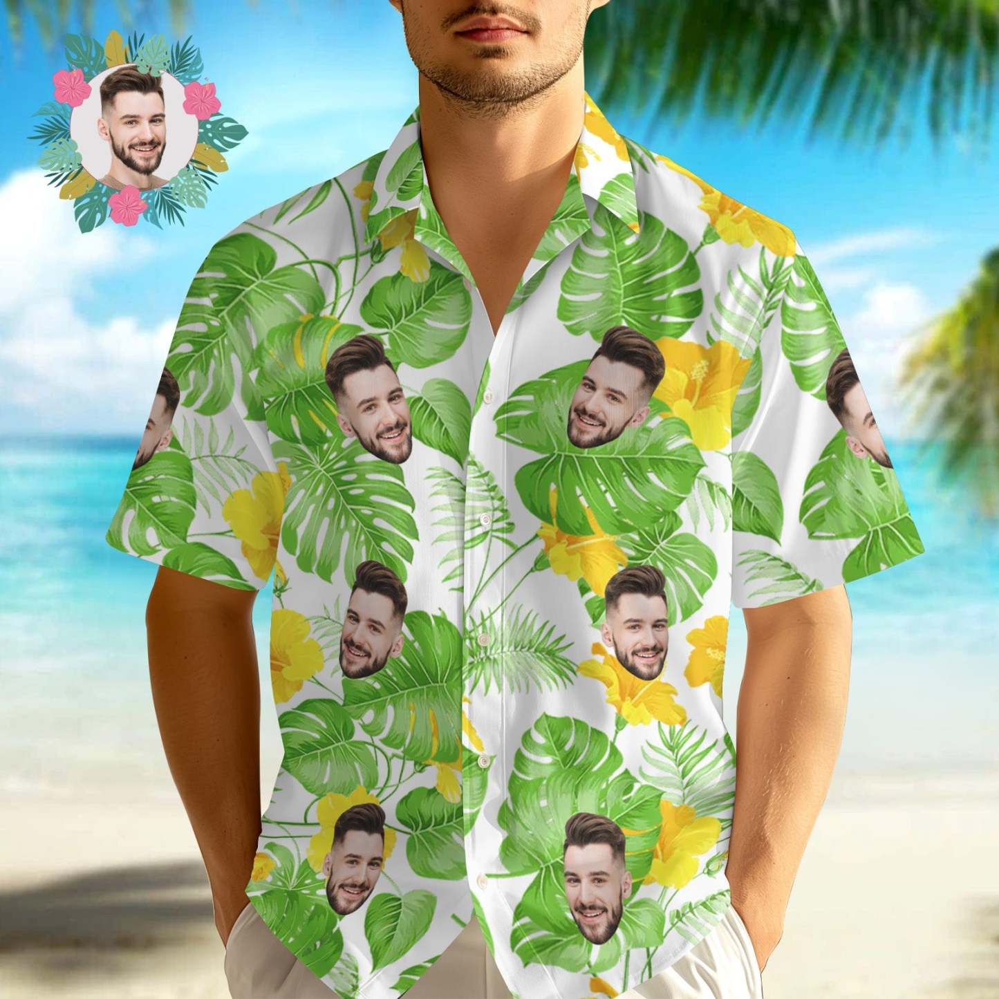 Custom Face Hawaiian Shirts Tropical Sleeves and Flowers Face Green Hawaiian Shirt - SantaSocks